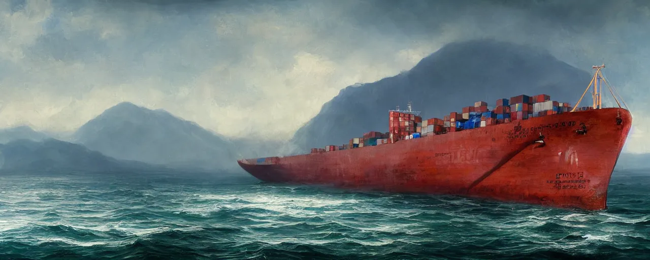 Image similar to paintifng of seasoned rusty container ship containership near mountain sea shore by repin, matte painting, detailed, amazing, 4k resolution