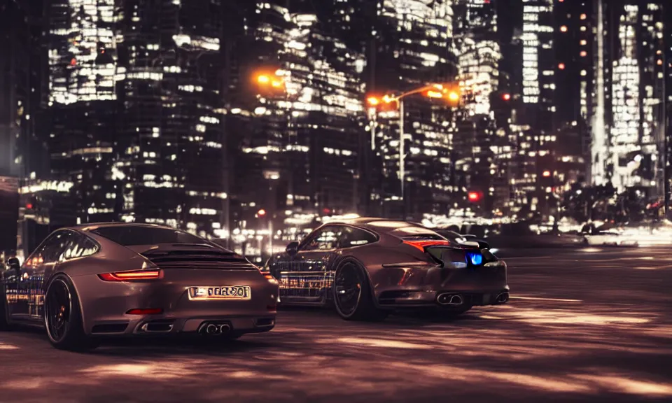 Image similar to photo of a porsche 911 at night drifting through a city, octane render, cinematic, 4k, long exposure photography, tokyo drift, fast and furious, film still, night photography, motion blur, lens flare, movie shot, light trail, distortion, wide angle