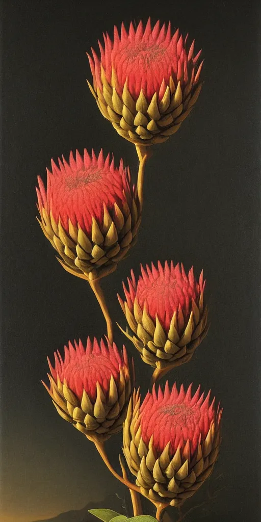 Image similar to tall king proteas against a black backdrop by martin johnson heade, detailed brush strokes, artstation