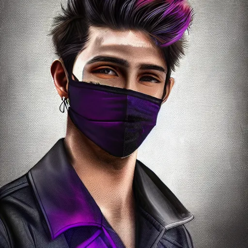 Image similar to professional digital art of a stylish young adult man with a black face mask, earrings, and dark clothes, high quality, HD, 8K, highly detailed, award-winning, sci-fi, fantasy, movie character, concept art, fashion, dark purple clouds, night