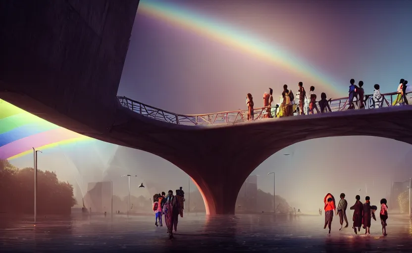 Prompt: incredible, refugees crossing a mindblowingly beautiful bridge made of rainbow, energy pulsing, hardlight, matte painting, artstation, solarpunk metropolis, cgsociety, dramatic lighting, concept art, octane render, arnold 3 d render