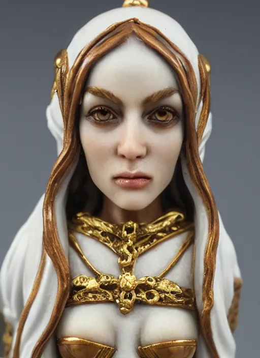 Image similar to 80mm resin detailed miniature of a beautiful Hypriestes, clothed in white roobe, olive skin, hood, beautiful bone structure, symmetrical facial features, Product Introduction Photos, 4K, Full body