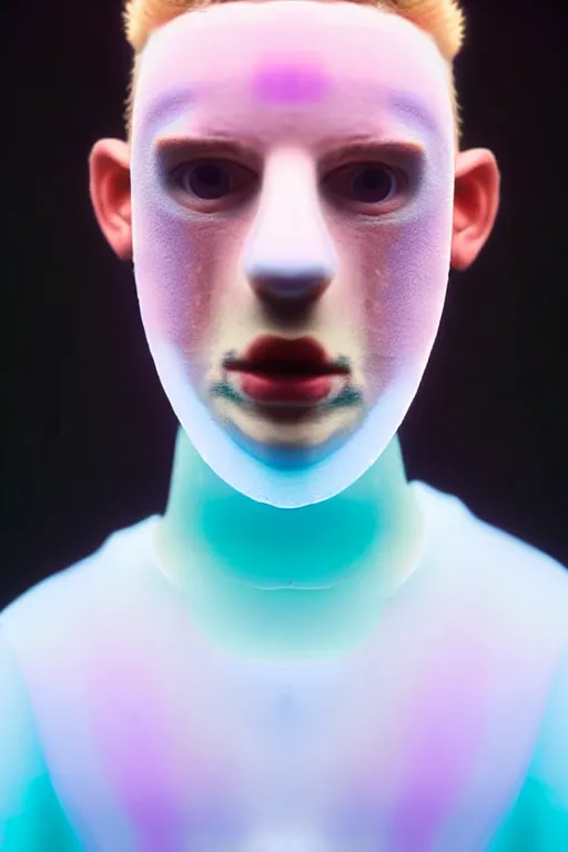 Image similar to high quality pastel coloured film mid angle portrait photograph of a beautiful young 2 0 year old male, soft features, short hair, perspex mask and oversized inflated clothing!!!! icelandic black! rock pool environment. atmospheric three point light. photographic. art directed. ( pastel colours ). volumetric. clearcoat. waves. 8 k. filmic.