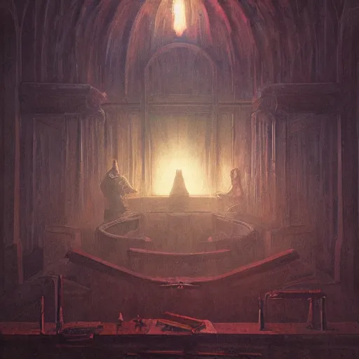 Prompt: byzantine science fiction burial chamber courtroom filled with cryogenic sarcophogi spilling white smoke, by greg rutkowski, zdzisław beksinski, anato finnstark, and rembrandt