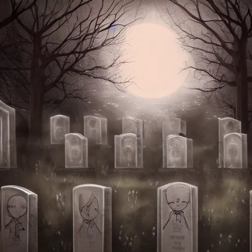 Image similar to anime hd, anime, 2 0 1 9 anime, ghost children, children born as ghosts, london cemetery, albion, london architecture, buildings, gloomy lighting, moon in the sky, gravestones, creepy smiles