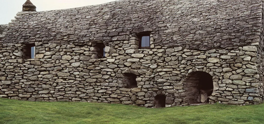 Image similar to scottish blackhouse designed by shigeru ban. fujinon premista 1 9 - 4 5 mm t 2. 9. portra 8 0 0.