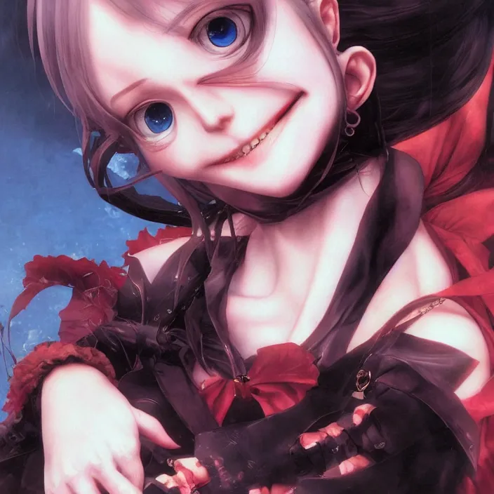 Image similar to renaissance portrait of the secretive vampire girl loner smiling at her next victim, by katsuhiro otomo, yoshitaka amano, nico tanigawa, and artgerm rendered with 3 d effect.