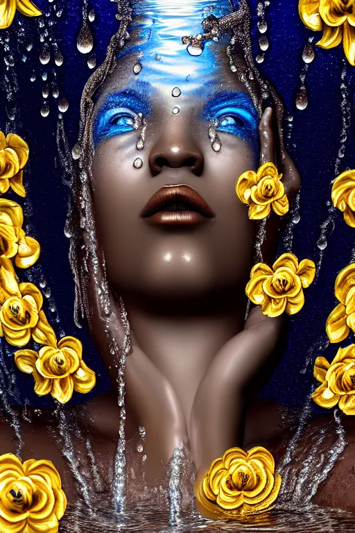 Image similar to hyperrealistic post rococo cinematic very expressive! black oshun goddess, in water up to her shoulders, mirror dripping droplet!, gold flowers, highly detailed face, digital art masterpiece, smooth eric zener cam de leon dramatic pearlescent blue back lighting, low angle uhd 8 k, sharp focus
