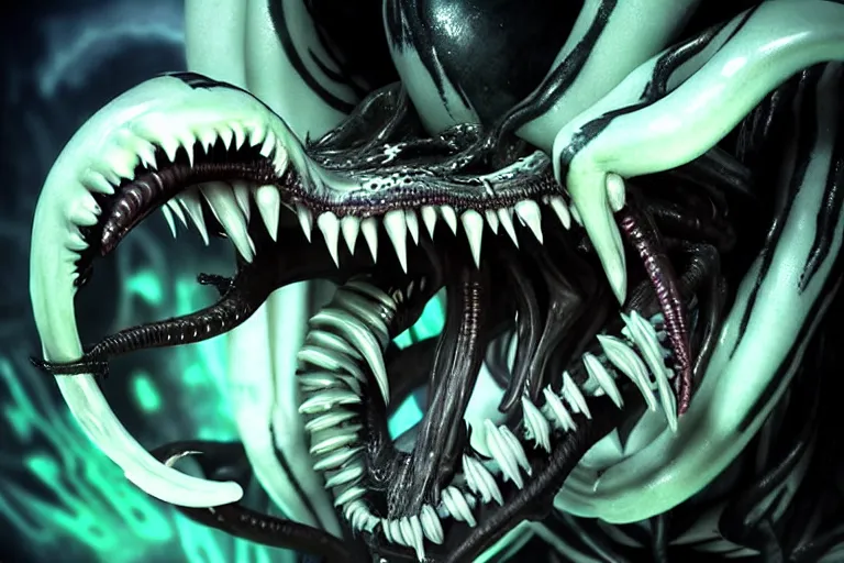 Prompt: venom - tongue as xenomorph queen, psycho stupid fuck it insane, looks like death but cant seem to confirm, cinematic lighting, bioluminescence fluorescent phosphorescent, various refining methods, micro macro autofocus, ultra definition, award winning photo, to hell with you, glowing bones, devianart craze, a gammell - giger film