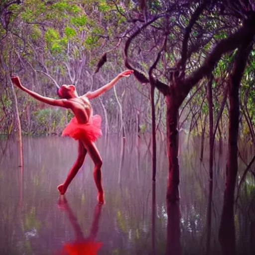 Prompt: a dancer made of wet clay in a mangrove swamp, cinematic light, beautiful dreamy lighting,