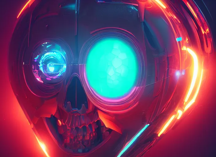 Image similar to a futuristic skull with glowing eyes and a wormhole tunnel, cyberpunk art by beeple, behance contest winner, computer art, darksynth, synthwave, rendered in cinema 4 d