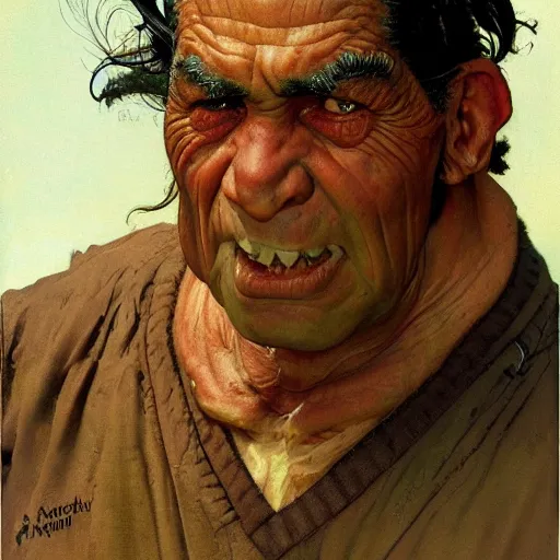 Image similar to frontal portrait of a old orc, by norman rockwell