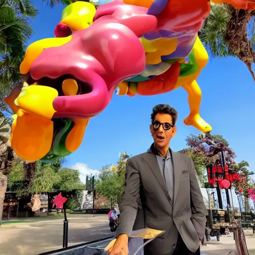 Image similar to 5 0 ft high jeff koons sculpture of jeff goldblum eating a chimichanga