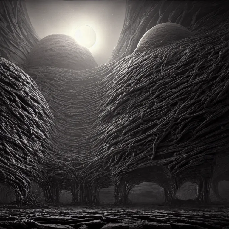 Image similar to ribbed surreal alien temple on exoplanet, standing in a desolate empty wasteland, creepy, nightmare, dream-like heavy atmosphere, surreal abandoned buildings, beautiful detailed intricate insanely detailed octane render trending on Artstation, 8K artistic photography, photorealistic, chiaroscuro, Raphael, Caravaggio, Beksinski, Giger