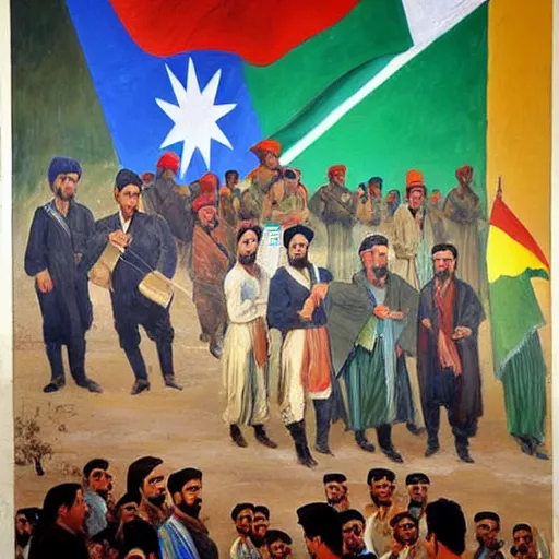 Prompt: a painting of a group of kurdish people establishingthe republic of mahabad! standing in front of a kurdish flag, an oil painting by ilya ostroukhov, featured on deviantart, socialist realism, ilya kuvshinov, movie still, oil on canvas