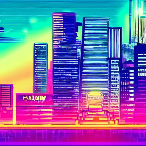 Image similar to maximalist style synthwave ultrawide wallpaper of a city