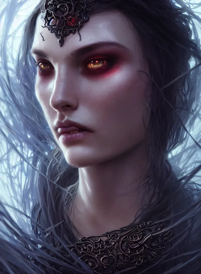 Image similar to Necromancer Sorceress face close-up macro in center, fantasy magic, undercut hairstyle, dark light night, intricate, elegant, sharp focus, illustration, highly detailed, digital painting, concept art, matte, art by WLOP and Artgerm and Greg Rutkowski and Alphonse Mucha, masterpiece