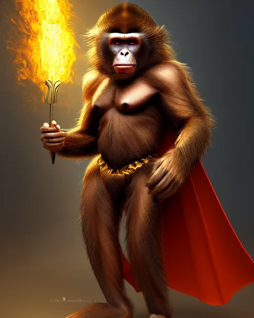 Prompt: fury art, an anthro ape monkey wearing a large cape and a fantasy armor, jungle, fiery background, 3 d, 8 k, extremely detailed, trending on furaffinity, trending on artstation, award winning, sharp focus, illustration