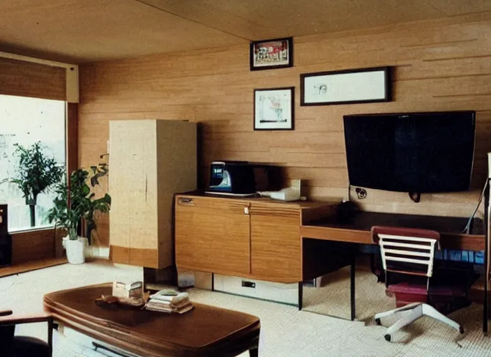 Image similar to 1 9 8 0 s living room with wood panel walls with apple iie computer in the corner on a roll - top desk and television on top