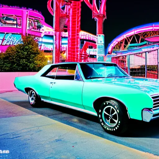 Prompt: a 1 9 6 6 pontiac gto parked next to a neon - colored roller coaster, night photo, fujifilm quicksnap 4 0 0 photography