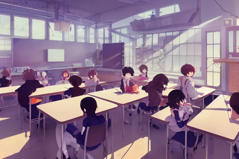 prompthunt: boy's love anime modern high school classroom in winter clear  day, expert high detail concept art cinematic, perfect proportions defined  face, vivid colors, pixar undertones, photorealistic shaded lighting  wallpaper ilya kuvshinov