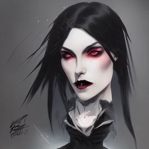 Image similar to female goth human vampire witch in the style of greg rutkowski, makoto shinkai, trending on artstation, character design, concept art, pretty face, forward facing, highly detailed, digital art