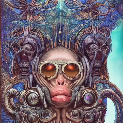 Prompt: ( monkey wearing sunglasses, hr giger ) ( ( ( hyper detailed masterpiece, psychedelic fractal pattern, jean giraud, digital art painting, dream wave aesthetic, ethereal, artgerm, donato giancola, tom bagshaw ) ) )