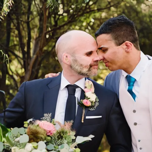 Image similar to a lovely gay wedding between a middle aged balding white man and a young skinny Latino man