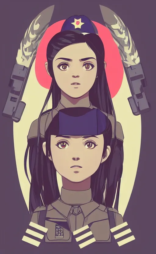 Prompt: T-shirt design, portrait of soldier girl, 2022 anime style, clean logo, graphic templates, flight squadron insignia, no text, soldier clothing, realistic military gear, inspired by shirt designer, made in blender, no background, vector line art, by ilya kuvshinov, trending on teemill, symbology, realistic human anatomy, high resolution, matte, empty hands, realistic military carrier