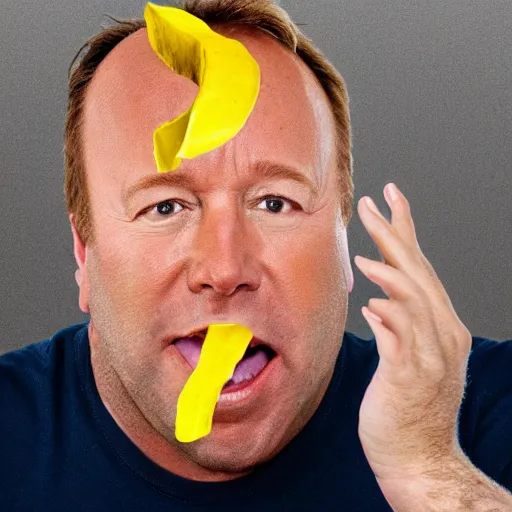 Prompt: Photograph of Alex Jones slipping on a banana peel