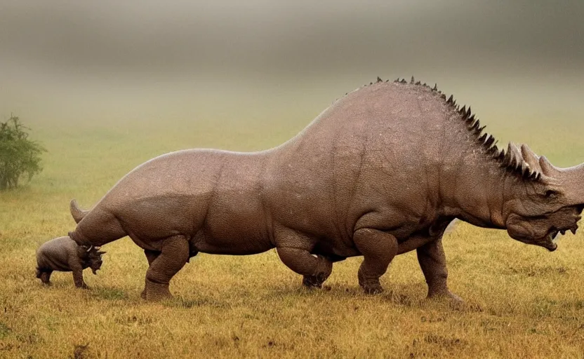 Image similar to nature photography of a rain soaked triceratops and her baby, african savannah, rainfall, muddy embankment, fog, digital photograph, award winning, 5 0 mm, telephoto lens, national geographic