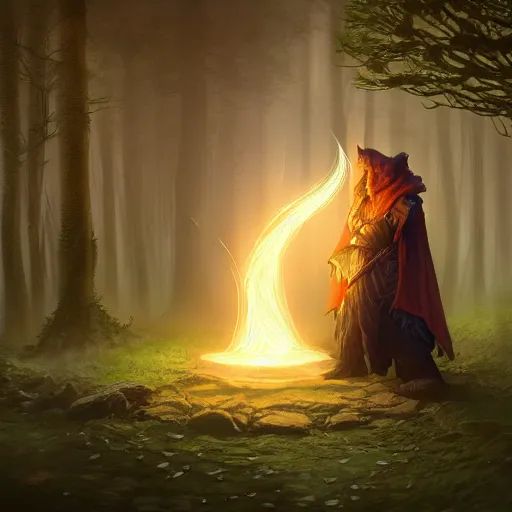 Prompt: corgi mage wearing a beautiful and intricate robe, misty forest background, swirling myst, glowing magic spell effects, d & d character art, highly detailed digital illustration, greg rutkowski, trending on artstation