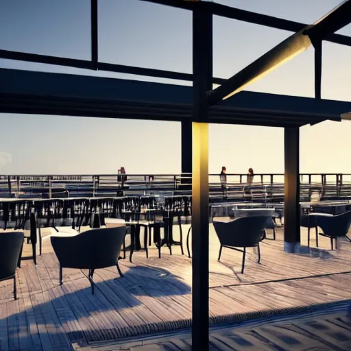 Image similar to rooftop bar overlooking beach in the style of Antoni Guadi, in the style of Mies van der rohe, photograph in style of Julius Shurman, warm light glowing, relaxing, dusk, cinematic lighting, trending on artstation