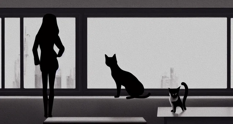 Prompt: silhouette of a girl and her cat, looking out a window on a rainy day, inside a cozy apartment, with a city view. trending on artstation, octave render