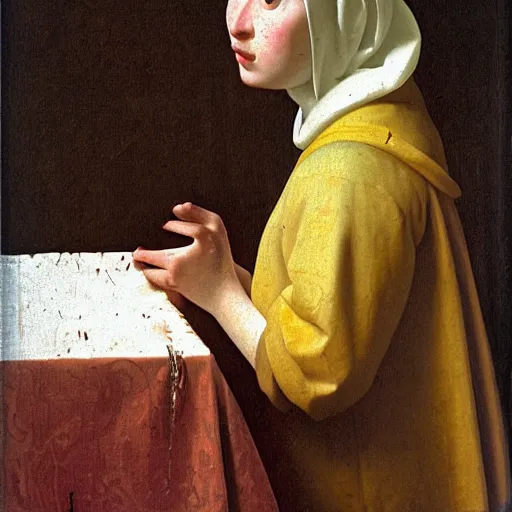 Prompt: extremely ugly pale woman in Renaissance dress, Renaissance painting by Vermeer, detailed