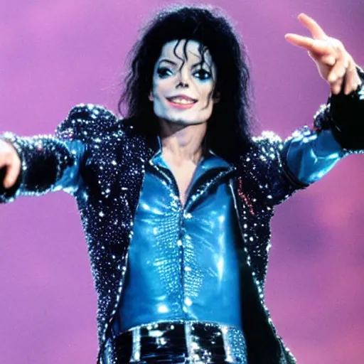 Prompt: Michael Jackson Invincible world tour, sparkly blue style