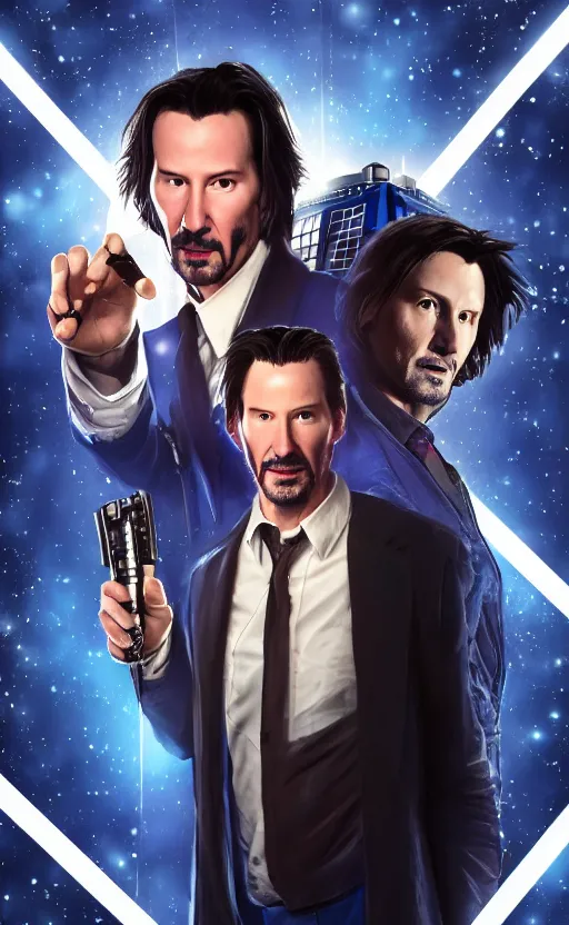 Image similar to portrait of Keanu reeves as 10th Doctor Who in the TARDIS with sonic screwdriver, Photo, High details, 8k, DSLR, long shot