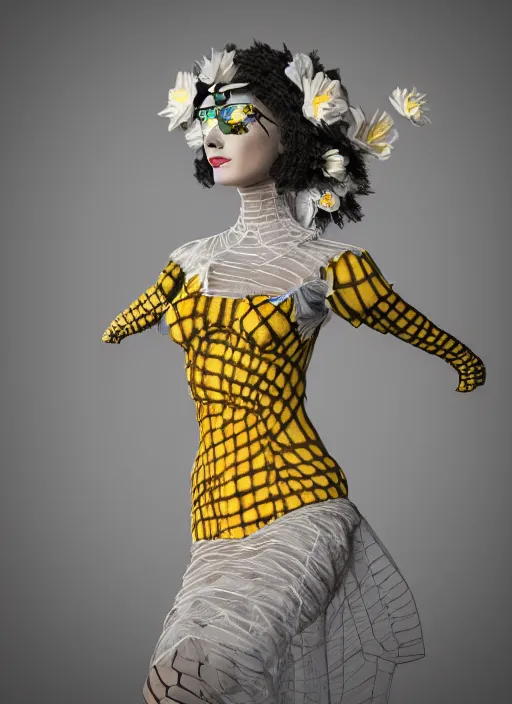 Image similar to an anthromorphic beautiful bee woman wearing striped couture made out of wax and paper and flower petals, at a fashion shoot, trending on Art Station, 3D, octane render,