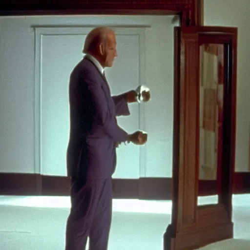 Prompt: Joe Biden breaking down door with axe in the movie the Shining