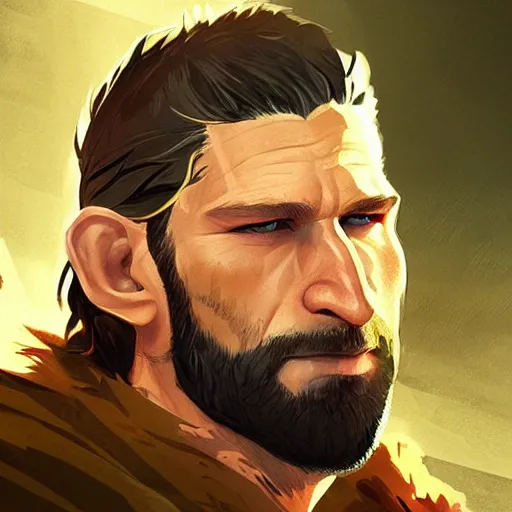 Prompt: Portrait of Jon Bernthal as a wild warrior, lord of the rings, mattepainting concept Blizzard pixar maya engine on stylized background splash comics global illumination lighting artstation lois van baarle, ilya kuvshinov, rossdraws