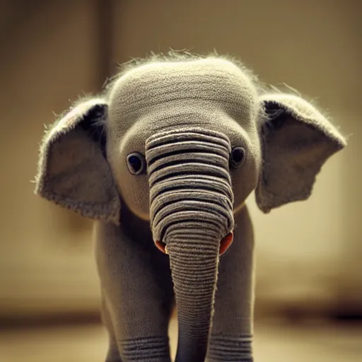 Image similar to a closeup photorealistic photograph of a cute smiling knitted baby elephant, professional capture, well lit shot. this 4 k hd image is trending on artstation, featured on behance, well - rendered, extra crisp, features intricate detail, epic composition and the style of unreal engine.