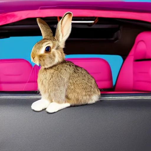 Prompt: bunny riding a convertible, studio photo, high quality
