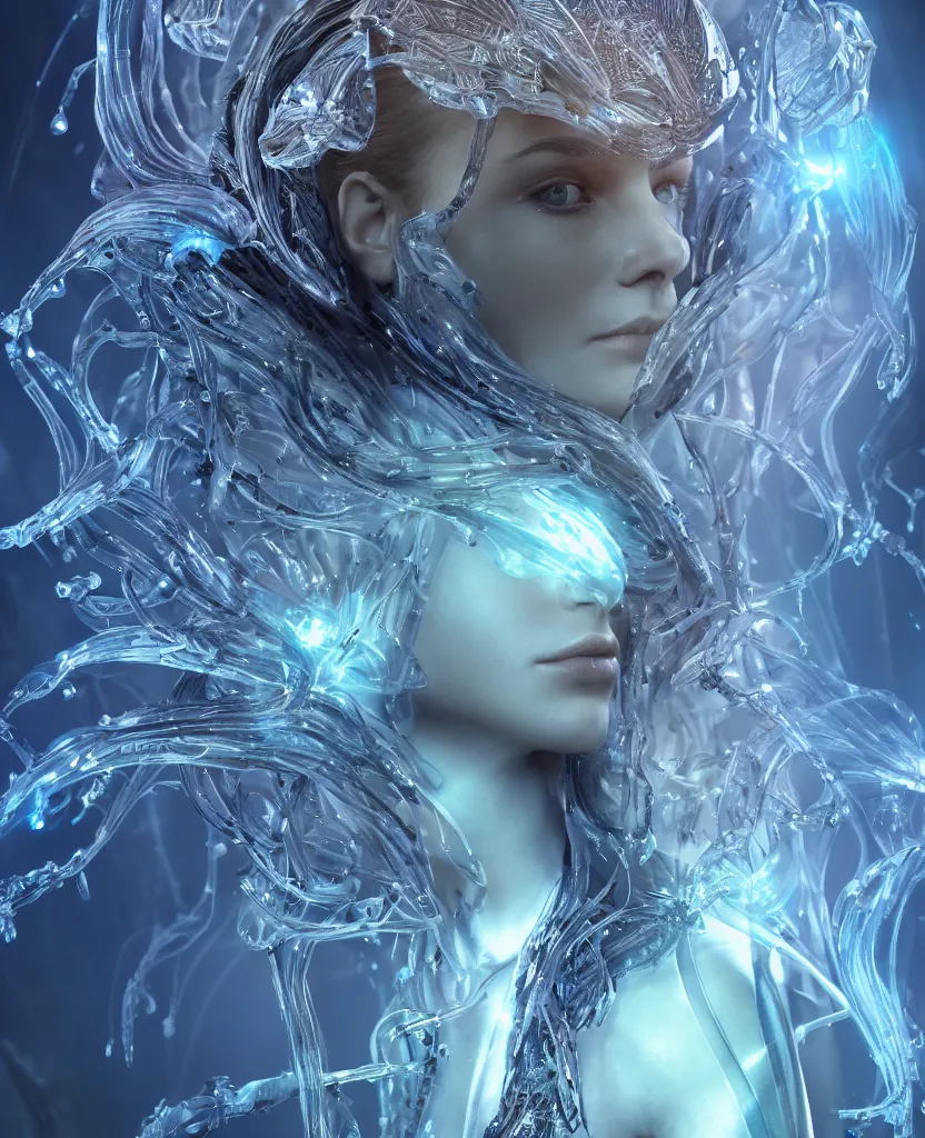 Image similar to epic futuristic ancient close-up macro portrait of the face of a beautiful princess, epic angle and pose, symmetrical artwork, 3d with depth of field, blurred background, cybernetic jellyfish crystal, obsidian, female face skull phoenix bird, translucent, nautilus, energy flows of water and fire. a highly detailed epic cinematic concept art CG render. made in Maya, Blender and Photoshop, octane render, excellent composition, cinematic dystopian brutalist atmosphere, dynamic dramatic cinematic lighting, aesthetic, very inspirational, arthouse. y Greg Rutkowski, Ilya Kuvshinov, WLOP, Stanley Artgerm Lau, Ruan Jia and Fenghua Zhong