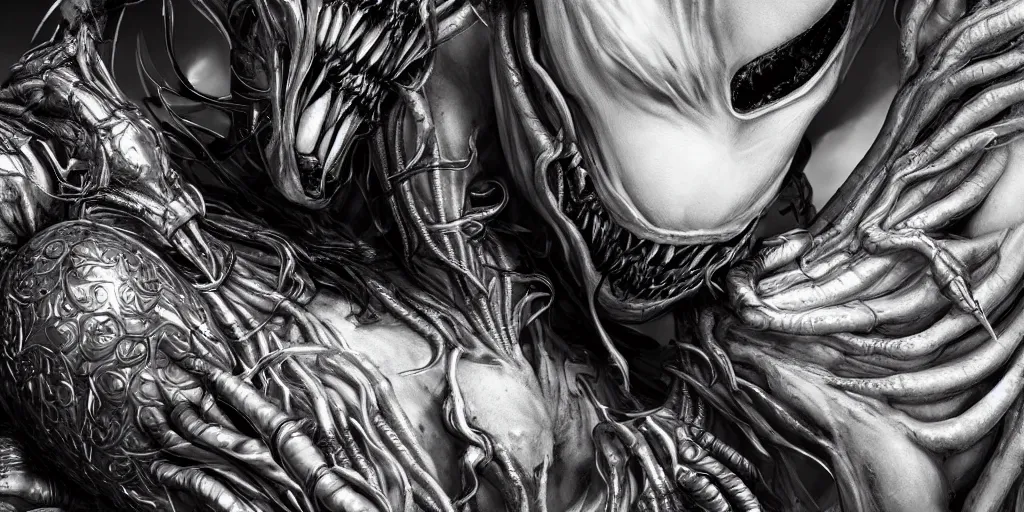 Image similar to hyper realistic photography of a stunningly beautiful cyborg male, intimately holding close, venom, in the style of beth cavener, jin kagetsu, and wlop, highly detailed, intricate filigree, symmetry, masterpiece, award winning, sharp focus, concept art, highkey lighting, ambient lighting, octane render, 8 k, artstation