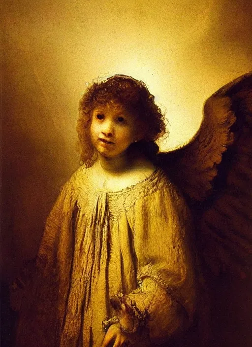 Prompt: A portrait of an angel, by Rembrandt, detailed, high quality