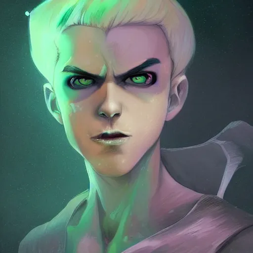 Prompt: A digital matte intricate illustration concept art of young Danny phantom with snow white hair and glowing green eyes and razor sharp vampire fangs bearing teeth alt art fashion inspired art by Charlie Bowater and WLOP and Mark Arian and Ross Tran + neon colors, symmetry , intricate complexity, epic composition, magical atmosphere, highly detailed, cinematic lighting + masterpiece, trending on artstation + 8k