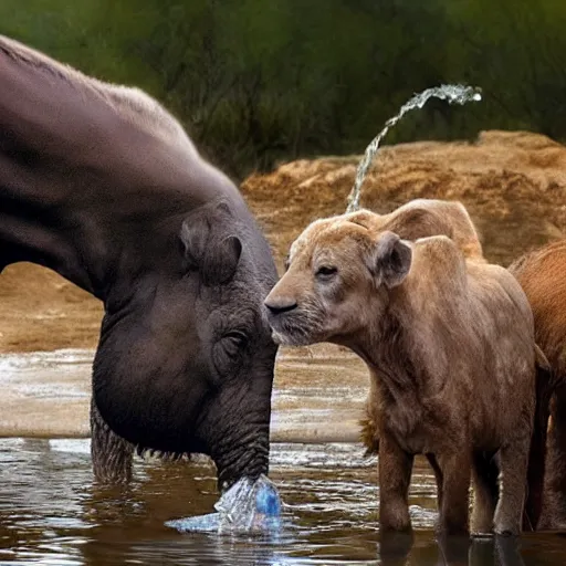 Image similar to national geographic professional photo of biden and trump drinking from a watering hole with animals, award winning