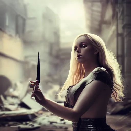 Image similar to beautiful blond sorceress girl casting a spell, in a destroyed city, moody lighting, 8 k, shallow depth of field, cinematic lighting,