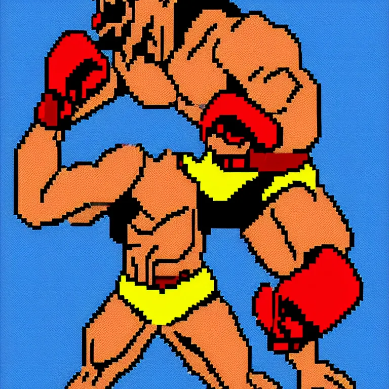 Image similar to full body portrait. 8 bit nes graphics. antropomorphic muscular masculine wolf. kickboxer fighter, in shorts. wolf head. furr on body. red, black, yellow, blue, magenta, pink colors