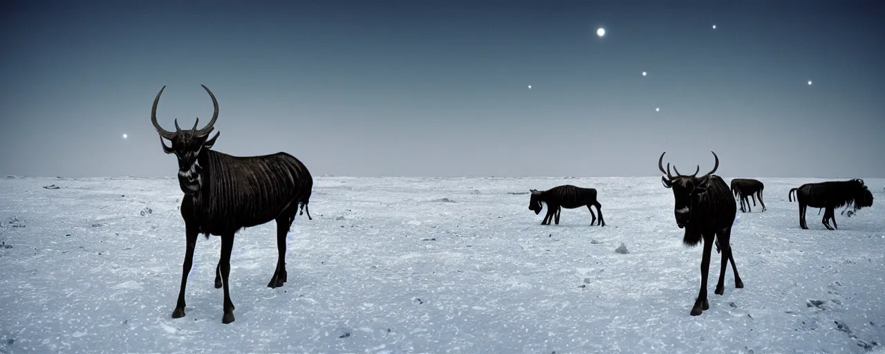 Prompt: the frozen tundra on an alien planet, daytime with space in the background, a wildebeest staring at the camera, national geographic, canon 5 0 mm, cinematic lighting, photography, retro, film, kodachrome